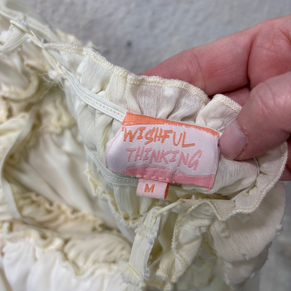 Wishful Thinking Cream Swiss Dot Mini Dress Smocked Waist Ruffle Hem Medium #390 - Picture 7 of 11